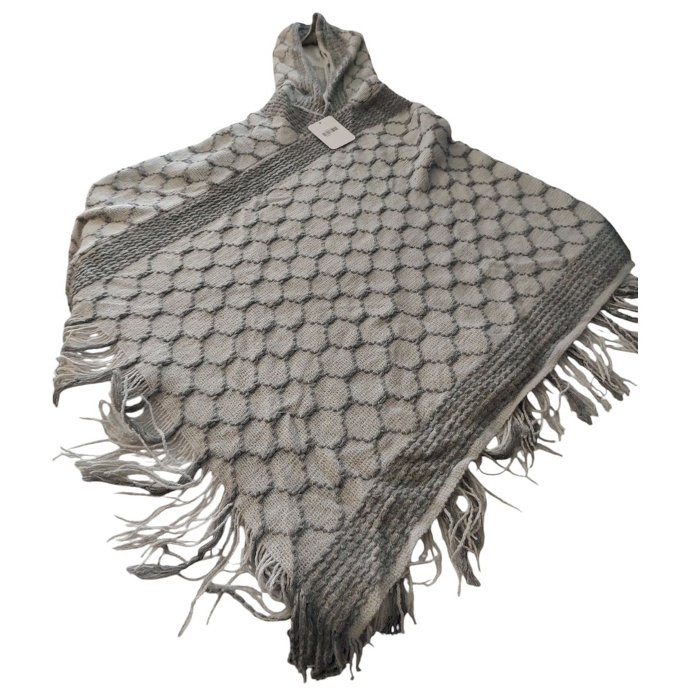 Bon‎ Voyage Hooded Poncho Sweater Gray Geometric Fringe One Size New With Tags - Picture 4 of 11